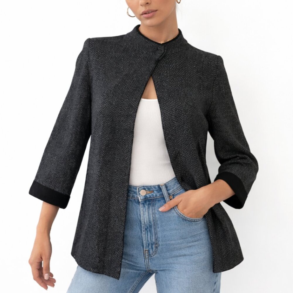 Benedetta B Womens M Cardigan Jacket Merino Wool Blend Open Front Herringbone